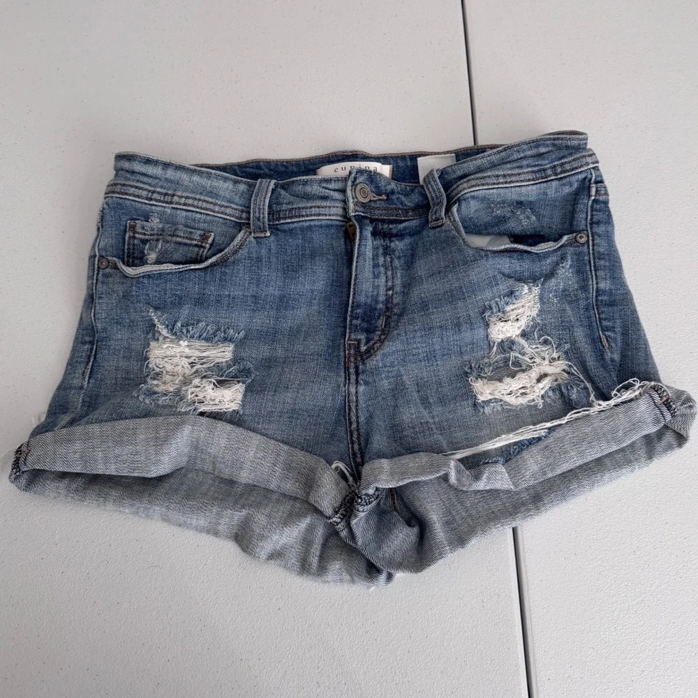 Eunina Lexi Low Rise Shortie Distressed Denim Shorts Size 30 Medium Wash dd
